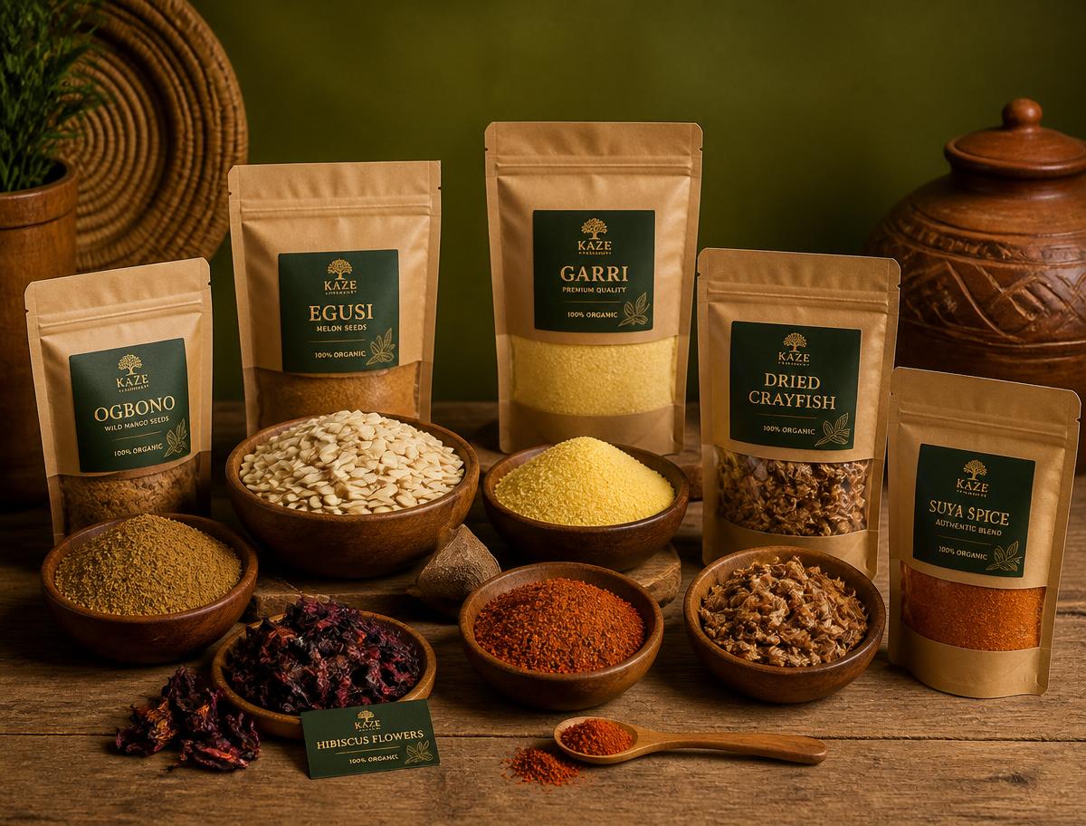 ANTOA Organics packs and bowls of egusi, garri, ogbono, dried crayfish, suya spice and hibiscus
