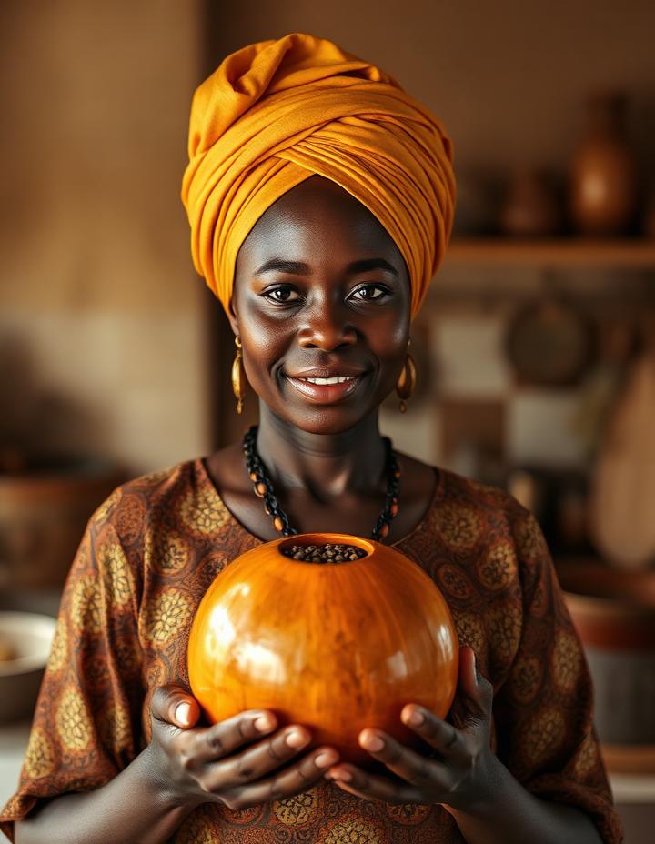 Woman in a golden head wrap holding a calabash bowl of African seeds and spices